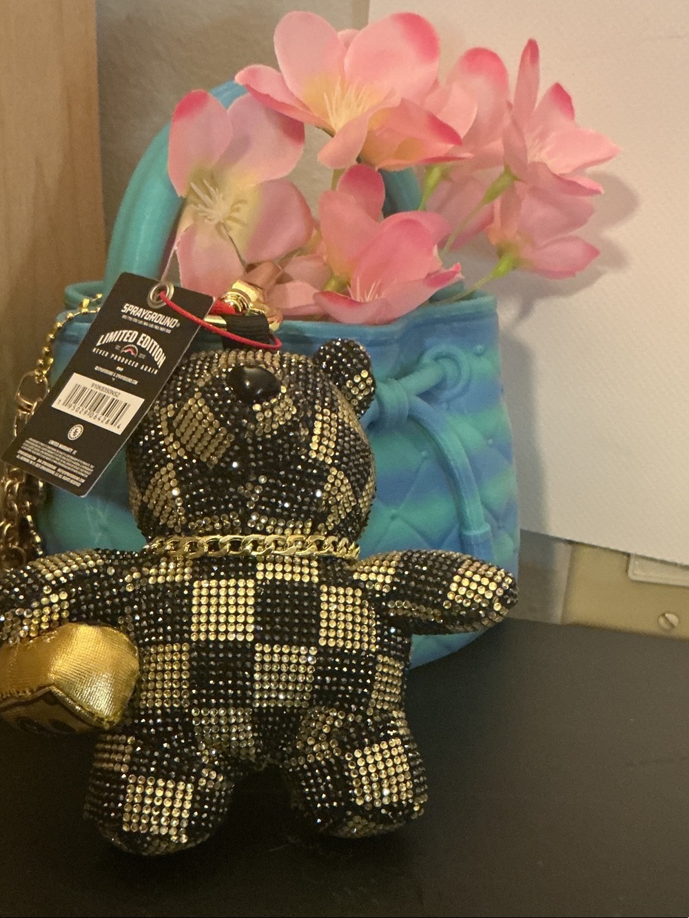 Sprayground LIMITED EDITION Black and Gold Crystal Teddy Bag Charm